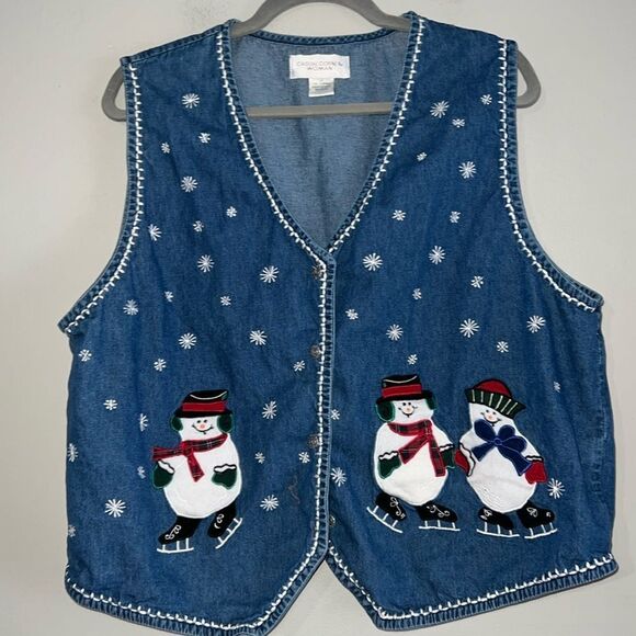 Casual corner women’s snowman embroidered denim vest size 1X - Picture 1 of 8